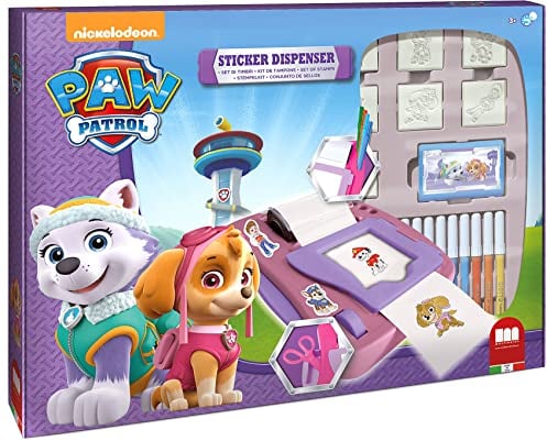 Multiprint Maschine für Sticker Paw Patrol Girl, Made in Italy, 7 Stempel, Malbucher mit Markierugen, Stempelset Kinder, in Holz und Naturkautschuk, Ungiftige Waschbare Tinte, Geschenkidee, Art.08913