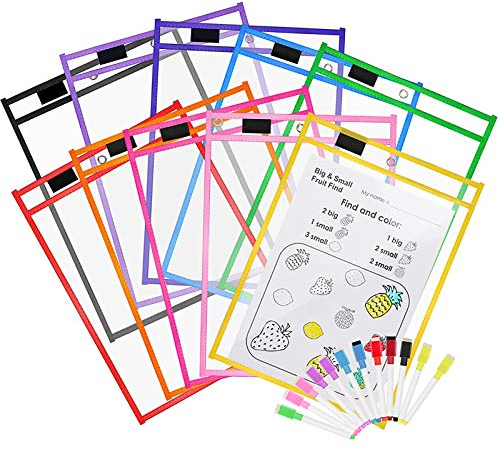 10 Piezas Dry Erase Pockets con 10 Rotuladores, Opret Fundas Fichas Reutilizables de Tamaño 25.5x33 cm / A4, Fundas Modernas Borrables para La Organización en el Aula/Colegio/Guardería/Ludoteca