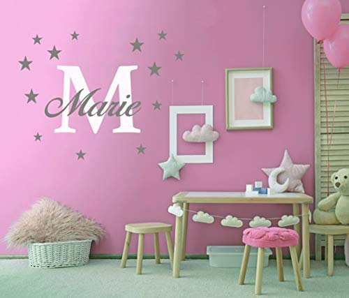 Wunschname Wandtattoo mit Sterne an der Wand Wandaufkleber Wandsticker DIY Kinderzimmer Babyzimmer (40cm / 60cm, Weiss-Grau)