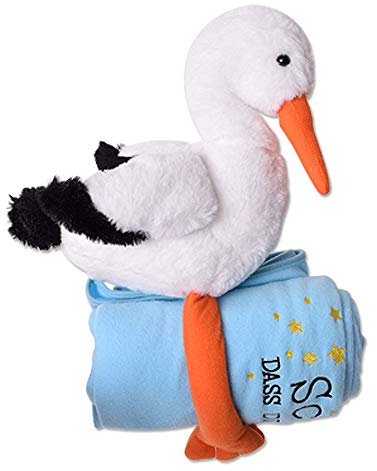 TE-Trend Storch Kuscheltier 38cm groß mit weicher Decke 100x80cm in blau, liebevoll gestaltet, Babys und werdende Eltern