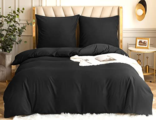 Amolavet Sommer Bettwäsche 200x200 Schwarz 3teilig Set Mit Reißverschluss für Doppelbett Sommerbettwäsche 200x200 aus Gebürstetem Mikrofaser Bettbezug 200x200cm + 2 Kissenbezüg 80x80cm