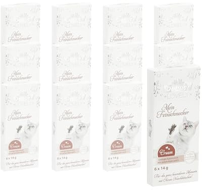 Dehner Premium Lovely Katzensnack, Leckerli Creme glutenfrei, für ausgewachsene Katzen, Huhn und Ei, 12 x 84 g (1 kg)