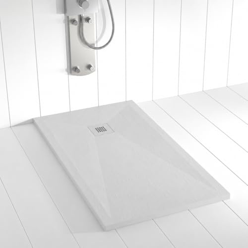 Piatto doccia in resina PLES scarico centrato lato superiore Colore Grigio 7035 180x70 finitura effetto ardesia antiscivolo, griglia dello stesso colore e piletta