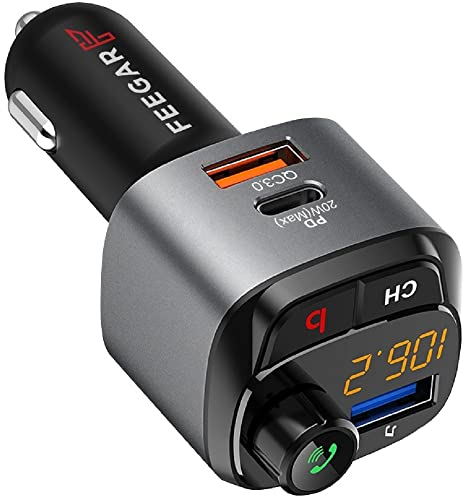 Feegar Q100 Bluetooth 5.0 FM Transmitter für Auto Kit QC3.0 PD Car USB Charger 38W HD Microphone B Button (Bass Boost Surround Effect) Type C PD 3.0/4.0 Siri Google Assistent