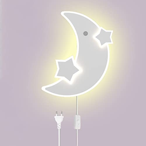 LED Mond Wandlampe mit Schalter und Stecker, 18W Kinderzimmer Wandleuchte Sterne und Mond Nachttischlampe mit Kabel Dimmbar 3 Lichtfarben Kinder Nachtlicht Mond Lampe Deko Wandbeleuchtung Modern