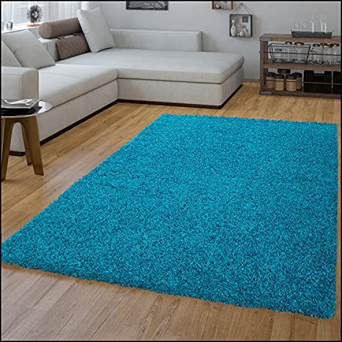Wohnzimmer Teppich Hochflor Langflor Shaggy Soft Unifarben Modern Einfarbiges Design, Farbe: Türkis, Größe:140x200 cm