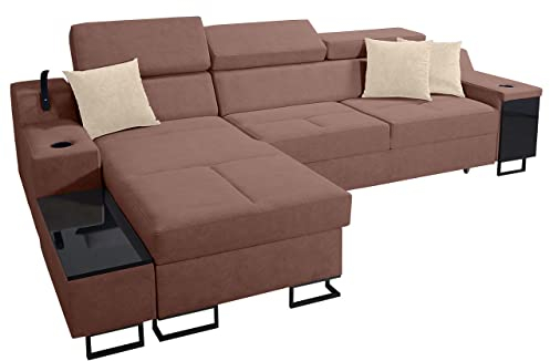 Ecksofa Nadadu I Maxi, einstellbaren Kopfstützen, Lampe mit USB-Anschluss, Barfach, L-Form Polsterecke Eckcouch mit Schlaffunktion Bettkasten (Uttario Ve. 2955 + Uttario Ve. 2978, Seite: Links)