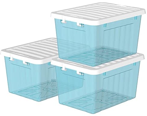 Cetomo 15L*3 Storage Boxes with Lids, Plastic Storage Bins with Latching Buckles, Click Closure, Stackable, Nesting, Organizer for Home Office Clothes, Clear Blue, 15L-3 Pack