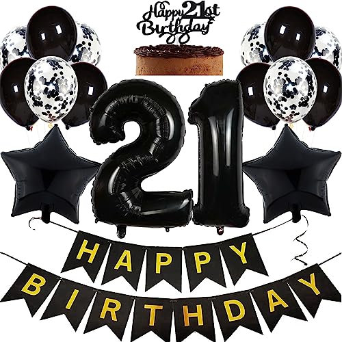 Feelairy Geburtstagsdeko 21 Jahre Junge, Luftballon 21. Geburtstag Deko Mädchen, Schwarz Tortendeko Happy 21th Birthday Deko 21 Jahre Mädchen, Ballon 21. Geburtstag Party Dekoration Set