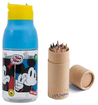 OM SUPPLIES Bottiglietta Ecozen riutilizzabile a doppia apertura con personaggi di Topolino, 420 ml, tappo antigoccia con cannuccia integrata, include 12 matite di medie dimensioni (Topolino)