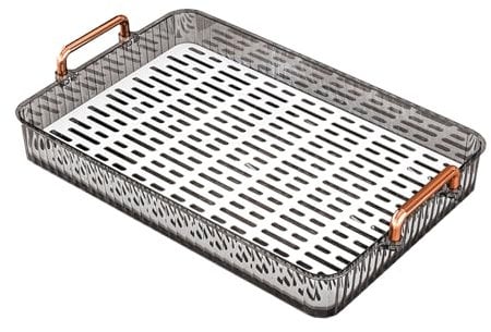 Tea Tray Build in Drainage Plastic Tray with Handles, Rectangular Non Slip Tea Serving Tray, for Parties Coffee Table Kitchen,Rectangle Coffee Table Tray for Living Room (Large Size Grey)