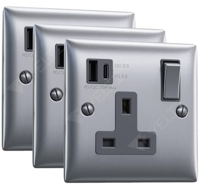 Veltz USB C Socket | 20W PD/PPS USB C & 18W QC 4.0 USB A | Super Fast Charging | VELTZ Pro | Single Plug Wall Socket 13A 1 Gang | Brushed Steel