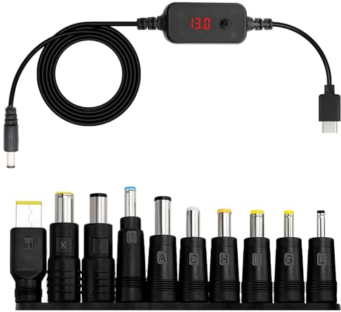PD a DC Cable Adaptador, 5 V/9 V/12 V/15 V/20 V, USB Boost Converter DC Digital Display Router Cable, Type C to DC5521 with DC Conversion Heads (10 DC Conversion Heads)
