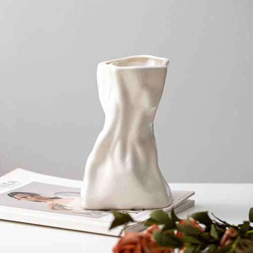 STKMELON Keramik-Blumenvase, weiße Papiertüte, Blumenvase für Heimdekoration, Tischdekoration, Regal, Bücherregal, Dekoration