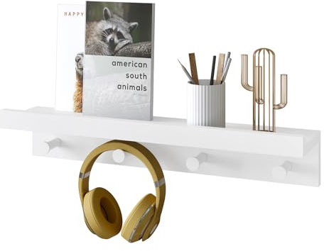 WOLTU Schweberegal, Wandregal mit Haken, Kinder Hängeregal Garderobenhaken weiß, schwebendes Regal für Kinderzimmer, Wanddeko, Wohnzimmer Schlafzimmer, aus MDF, RG9510ws