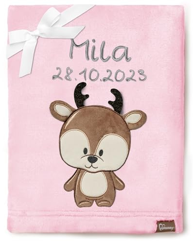 Be Mammy Personalisierte Babydecke mit 3D Applikation Warme Kuscheldecke mit Namen und Geburtsdatum; Perfektes Baby Geschenk; Blanket; Krabbeldecke BE20-280 (Puderrosa - Hirsch)