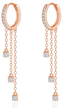Kamise Women's Hoop Hanging Earrings, 925 Sterling Silver Huggie Drop Earrings with Zirconia, Hypoallergenic Long Tassel Chains Dangle Hoops Earrings, Rosegold Dangling Earrings for Birthday Party