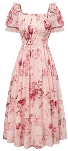 SCARLET DARKNESS Women's Cottagecore Dress Puff Sleeve Square Neck Flowy Smocked Maxi Dress, Floral Pink, XL