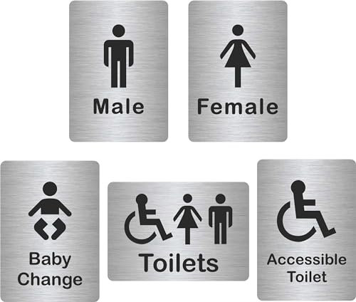 Customcard Ltd Set of 5 Aluminium Signs: Toilets, Male, Female, Accessible, Baby Chang sign–high quality, brushed silver finish with tape on the back