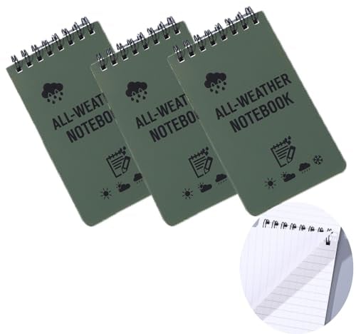 3pcs Waterproof Notebooks, 3 x 5 Army Green Police Notepad Write in the Rain Pocket Notebook All-Weather Spiral Memo Paper Notepad Waterproof pad Green Note book.