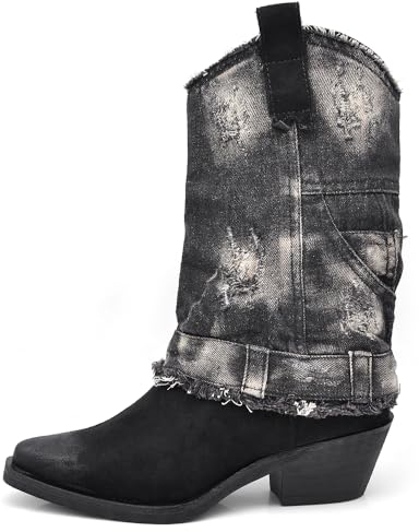 IF Fashion Scarpe Stivali Stivaletti Texani Con Ghette Risvolto Jeans A punta da Donna 6657 nero N.37
