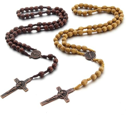 Hifot 2 Piezas Collar Rosario de Madera Mujer Hombre, Collar Católico de Cuentas Collares Oración Sagrada con Colgante Crucifijo Medalla Cruz Collares Largos Rosarios Religiosos
