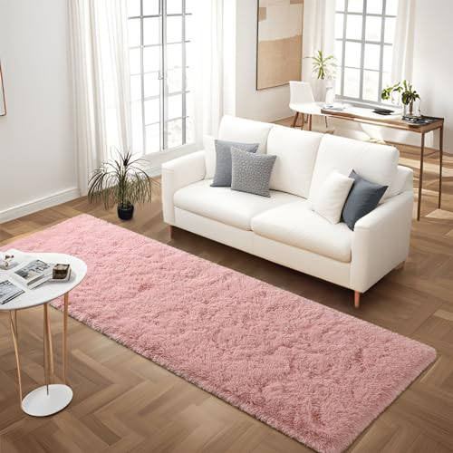 FALARK Weicher rosa Läufer für Schlafzimmer, 60 x 180 cm, Bettvorleger, Plüsch, flauschig, moderner Teppich, Teppich für Wohnzimmer, Mädchen, Kinderzimmer, Heimdekoration, Rosa