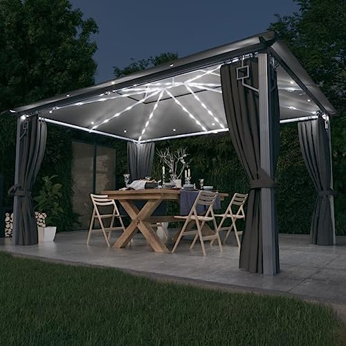 Willood Pavillon mit Vorhängen & LED-Lichterkette 4x3 m Anthrazit Alu