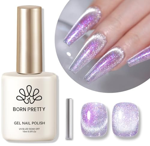 BORN PRETTY Aurora Cat Magnetic Eye Gel Nail Polish 15ml Galaxy Crystal Gel Polish Iridescent Glitter Nail Polish Gel Shimmer Pearl Purple Pink Color Polarization U V LED Soak Off Home Salon