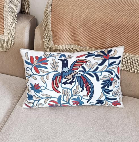 ZUODUTEX 1 funda de cojín de algodón Fire Phenix, diseño de pájaro azul, 30 x 50 cm, rectangular, color azul marino, funda de cojín bordada, estilo bohemio, exótico, funda de almohada de 12 x 20