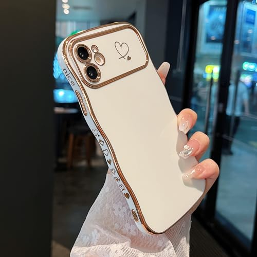 ZTOFERA Compatible with iPhone 11 Case for Girls Women, Cute Curly Wave Frame Shape Soft Silicone Case with Love Heart Pattern Camera Protection Golden Edging Shockproof Bumper Cover, White
