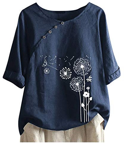 Buy Again My Orders Linen Tops for Women UK Summer Short Sleeve Cotton Linen Shirts 2024 Fashion Crew Neck Button Blouses Dressy Casual Dandelion Print T-Shirts Ladies Elegant Loose Fit Tee