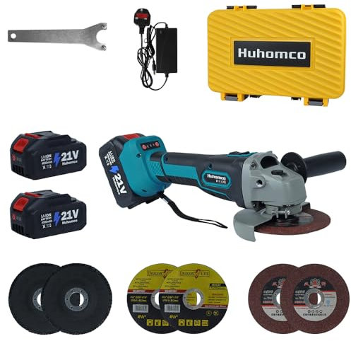 Huhomco 850W Cordless Angle Grinder with 2 * 4000mAh Batteries and Charger for Cutting Polishing and Sharpening, 6 Cutting Discs, Brushless Battery Angle Grinder Portable 9000 RPM, 125MM