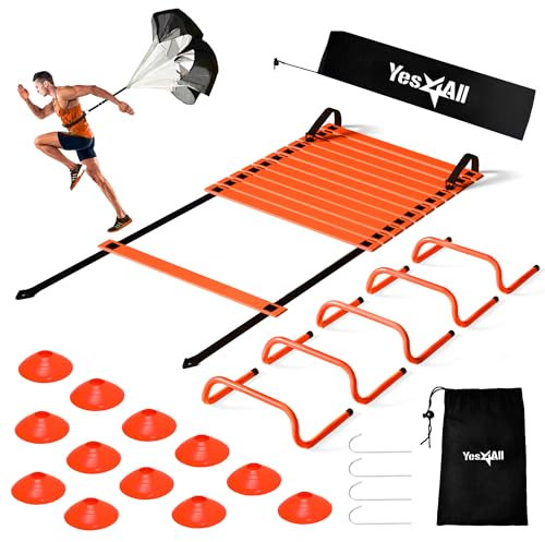 Yes4All Speed Training Equipment Set: 15ft Agility Ladder, Resistance Parachute, 5 Agility Hurdles, 12 Disc Cones with Carry Bag/Strap