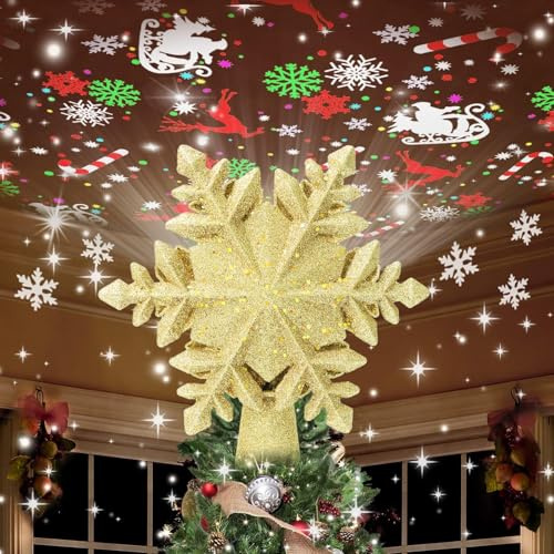 YIJXPOIN Cimier de sapin de Noël éclairé avec 8 modes de projection, étoiles de Noël rotatives à DEL, projecteur à paillettes dorées 3D pour décorations de fête de Noël