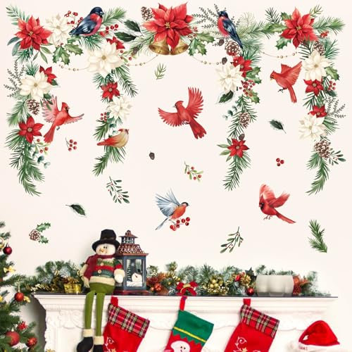 wondever Wandtattoo Weihnachten Blumen Wandaufkleber Roter Kardinal Vögel Weihnachtsblumen Blätter Weihnachten Fenster Wandsticker Wanddeko für Weihnachten Fenster Weihnachtsdeko