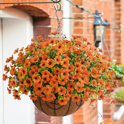 Hanging Flower Baskets for Outdoors, 9.8inch Artificial Hanging Flowers for Outdoors, Fake Hanging Plants with Planter & Chain for Outdoor Indoor Patio Lawn Garden Decorations