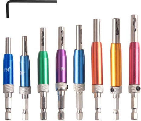 KOOLEVER 9PCS Hinge Drill Bit Set, HSS Self Centering 1/4 Hex Shank Hinge Drill Bit, 8PCS Hinge Drill Bits with Allen Wrench for Cabinet Window Door 5/64, 7/64, 9/64”*2, 11/64, 13/64, 5mm, 1/4