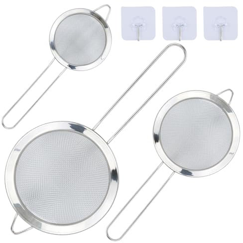 3 Pièces Passoire Inox 8/12/18 cm, Métal Tamis Cuisine, Tamis Maille Fine avec Poignée, Filtre pour Pâtisserie, Égoutter Poudre, Pates, Légumes, Quinoa, Nouille, Riz, Blanc d'Oeuf (Argent)
