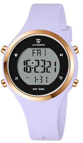 Timever Montre Femme Digitale avec Bracelet en Silicone,Alarme, Chronomètre,Date,Eclairage,Compte à rebours, Deuxième Fuseau horair,Snooze