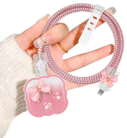 Wave Charger Cable Protector for Apple 20W USB-C Power Adapter with Cute Butterfly Flower Pattern, Soft Silicone Clear Data Cable Case Wire Saver Cord Charger Protector for iPhone-Pink