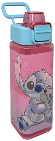 CARTOON Bouteille d'eau carrée en plastique réutilisable 500 ml ouverture à pression accessoire pour enfants (Stitch)