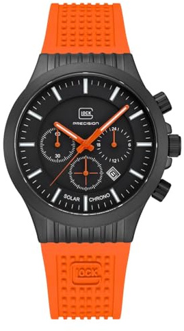 GLOCK Herren Solar Quarz Uhr | 42mm Gehäuse | Armbanduhr mit Schwarzem Edelstahlgehäuse | Schwarzem Zifferblatt | Orangenem Silikonarmband | 20ATM | GW-39-1-24