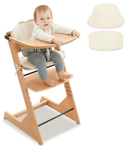LUE BONA Hochstuhl aus Holz – wandelbarer Kinderhochstuhl mit Kissen, Geschirr & abnehmbarem Tablett,Geeignet für Babys und Kleinkinder in Naturfarbe