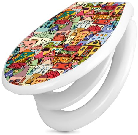 banjado Familien WC Sitz mit Absenkautomatik 44,9x37,1cm - Klobrille mit Kindersitz aus hochwertigem Polypropylen - Toilettendeckel mit Kinder Toilettensitz integriert - Motiv Funky Town