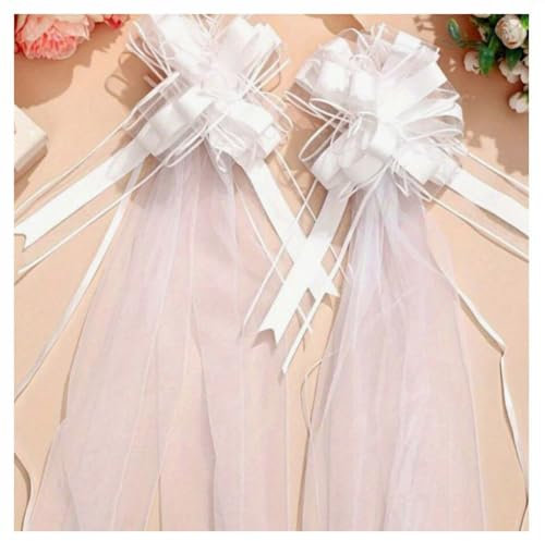GreatRise Fiocco per auto bianco con coda di tulle, decorazione per auto, in tulle, per sedia, grande fiocco, per matrimonio, auto, banchetto, chiesa, panchine per corridoio, sedia, 2 pezzi