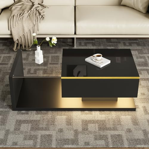 QMTXBYJ - Mesa de centro con iluminación LED, salón con estante de cristal, rectangular con almacenamiento abierto, 100 x 50 x 32,5 cm, alta luminosidad