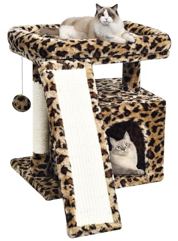 SIYIPURR Small Leopard Print Cat Tree for Indoor Cats | Short Tower with Scratching Post, Ramp Pad, Condo with Perch Bed, Kittens Play House, Hanging Plush Ball & Cave for Resting (Leopard Print)