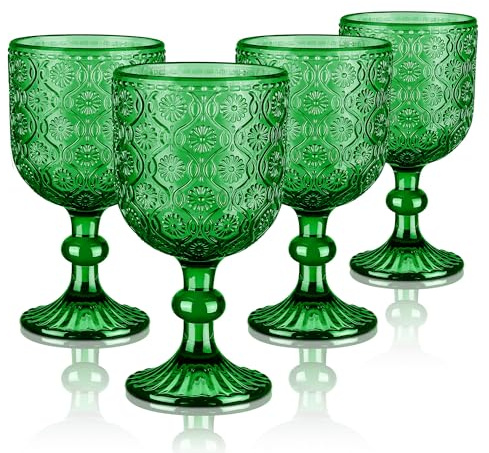 Joeyan 350ml Vert Sapin Verres à Vin Rouge Vintage,Lot de 4 Colorés Verre a Pieds Relief en Florale, Design Baroque Rétro Gobelets Eau pour Boire Boissons Jus apero aperitif,Passe au Lave-Vaisselle