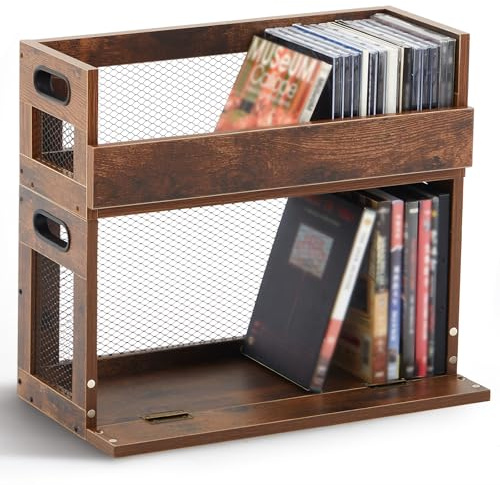 Jetec 2 Set Metal & Wooden Stackable Tabletop Storage Shelf, DVD and CD Storage Box Display Holder Rack with Carrying Handle for Bookshelf Movie Cases Cassette Tape, Can Store up to 36 CDs and 26 DVDs